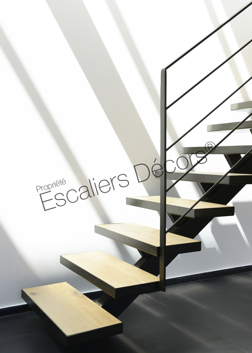 Photo DT119 - ESCA'DROIT® sur Limon Central. Escalier d'intérieur en acier et bois design installé dans une maison en bois. Vue 5