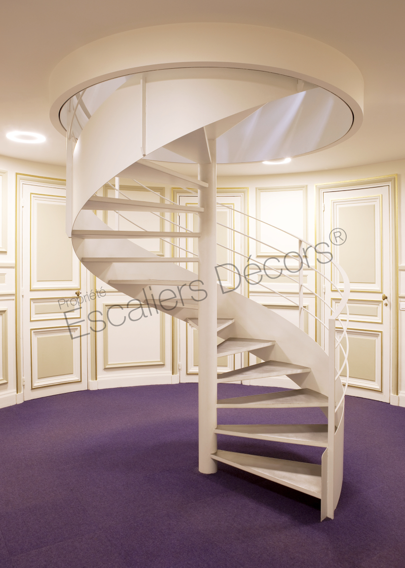 Photo IH74 - SPIR'DÉCO® Caisson Nanoacoustic®. Escalier intérieur métallique hélicoïdal de large diamètre pour une décoration contemporaine installé dans des bureaux.